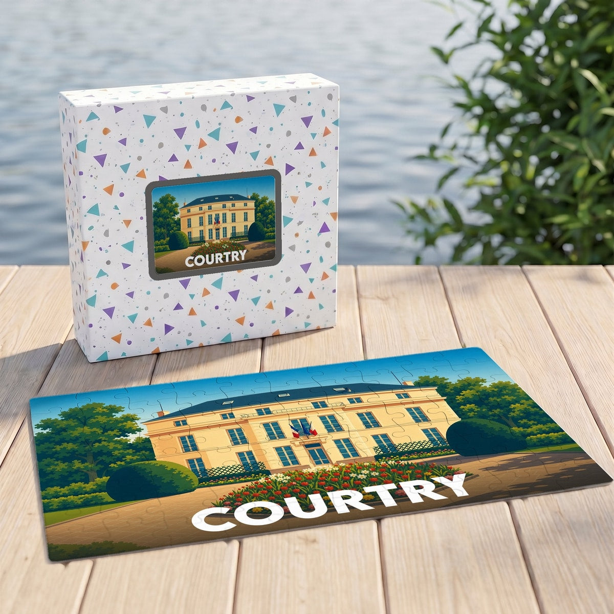 Puzzle souvenir de la ville de Courtry avec une illustration stylisée de sa mairie.