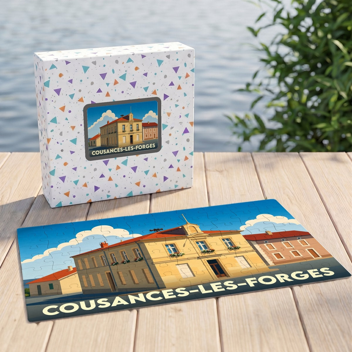 Puzzle souvenir de la ville de Cousances-les-Forges avec une illustration stylisée et sa boîte assortie.