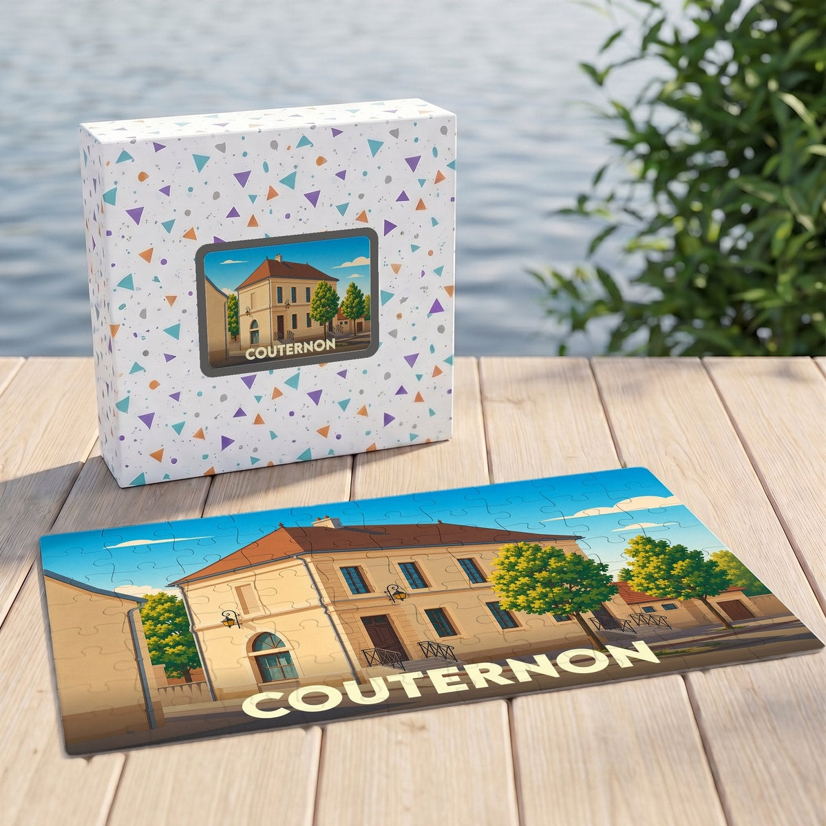 Puzzle souvenir de la ville de Couternon avec une illustration stylisée d'un bâtiment historique.