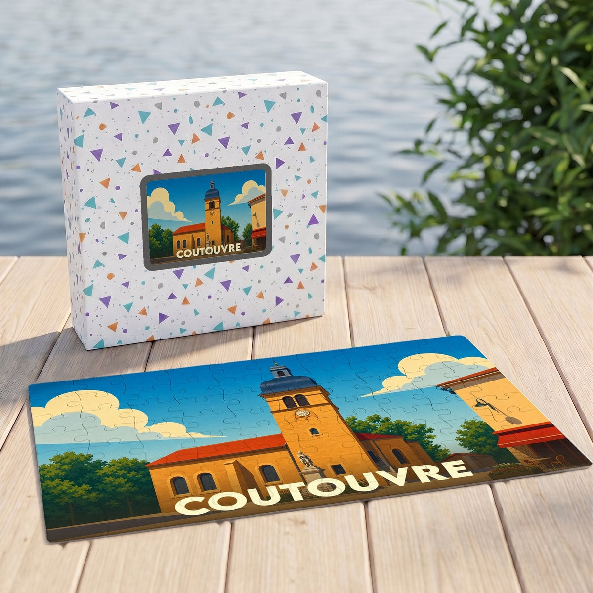 Puzzle souvenir de la ville de Coutouvre avec une illustration stylisée de son église.