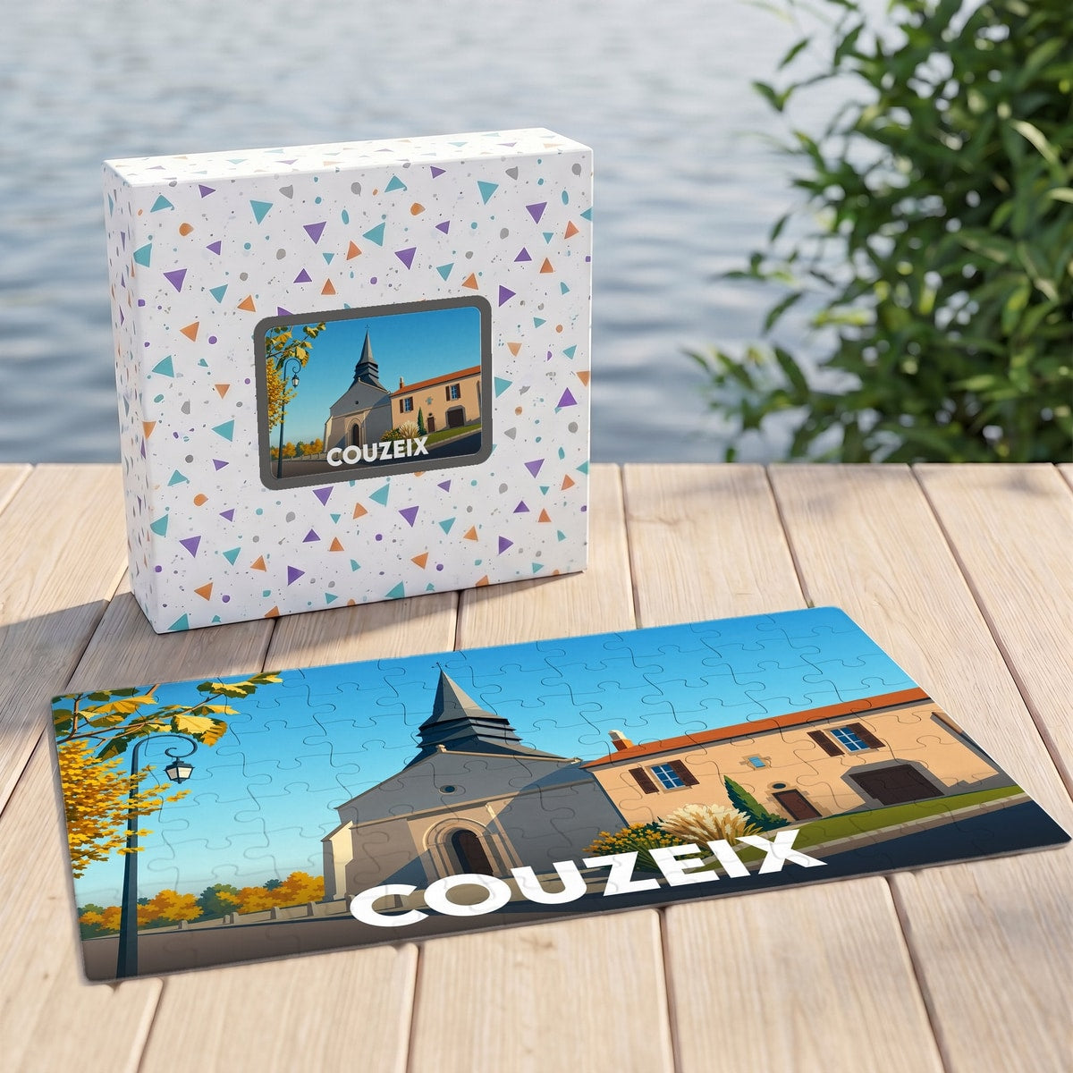 Puzzle souvenir de la ville de Couzeix illustré d'un paysage urbain stylisé.