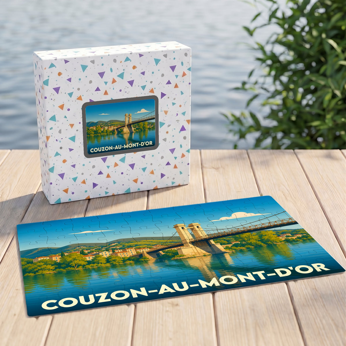 Puzzle souvenir de la ville de Couzon-au-Mont-d'Or représentant son pont suspendu avec une illustration stylisée.