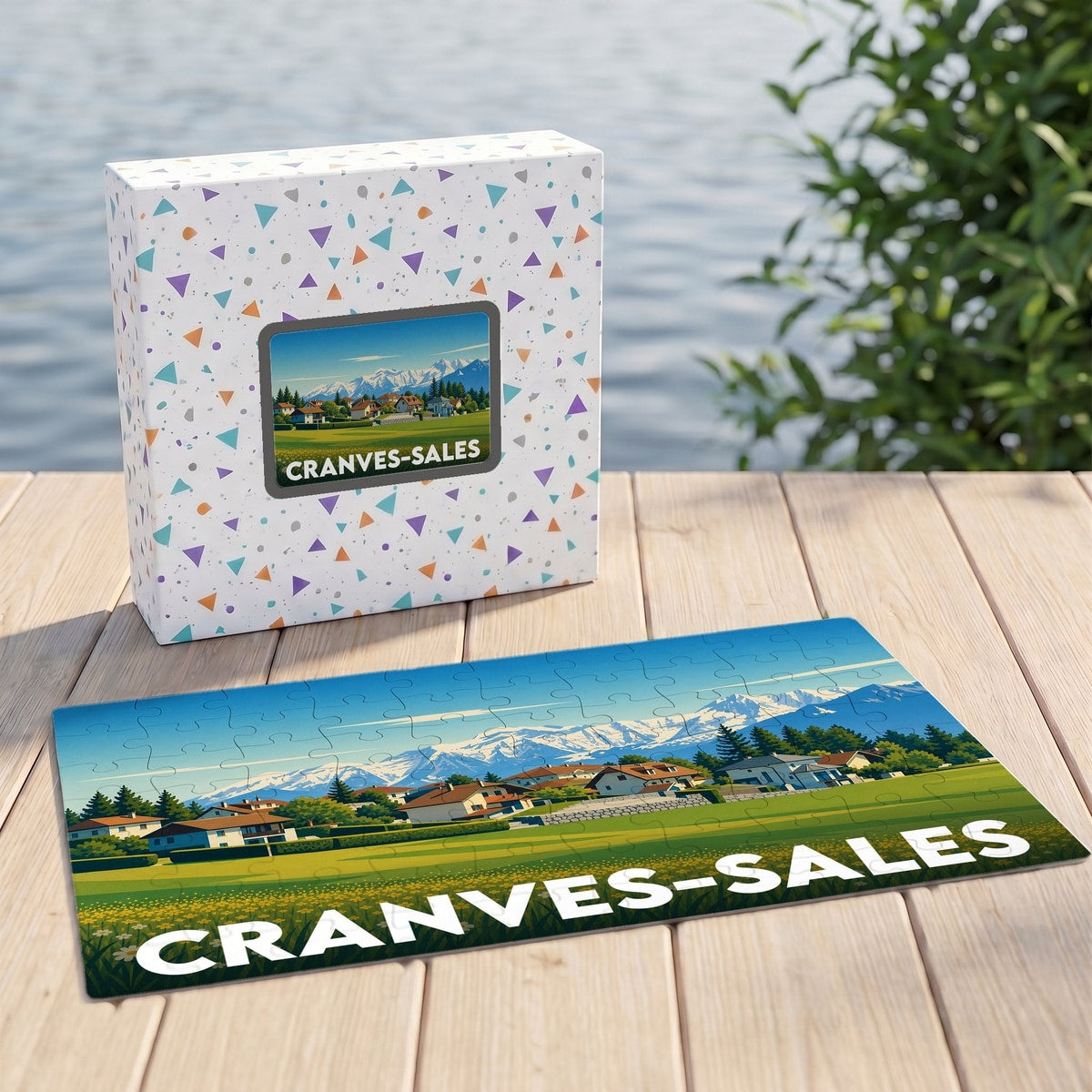 Puzzle souvenir de la ville de Cranves-Sales illustrant un paysage de montagne et de village sur une terrasse en bois.