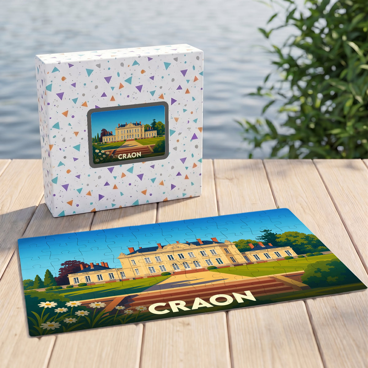 Puzzle souvenir de la ville de Craon avec une illustration stylisée du château local.