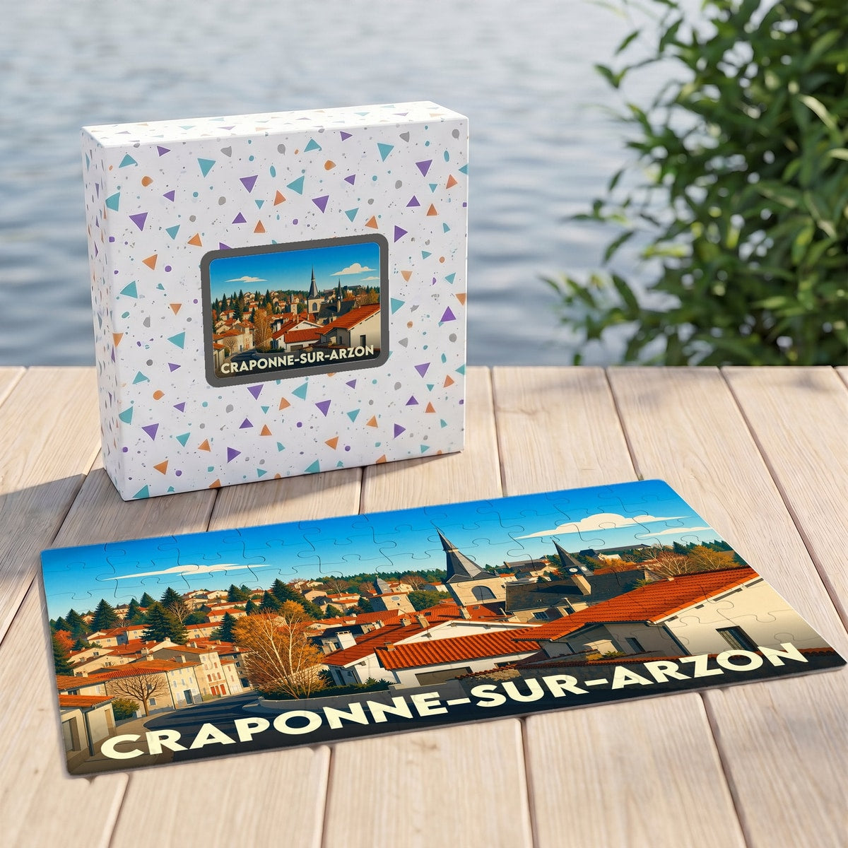 Puzzle souvenir de la ville de Craponne-sur-Arzon avec une illustration stylisée de ses toits et de son clocher.