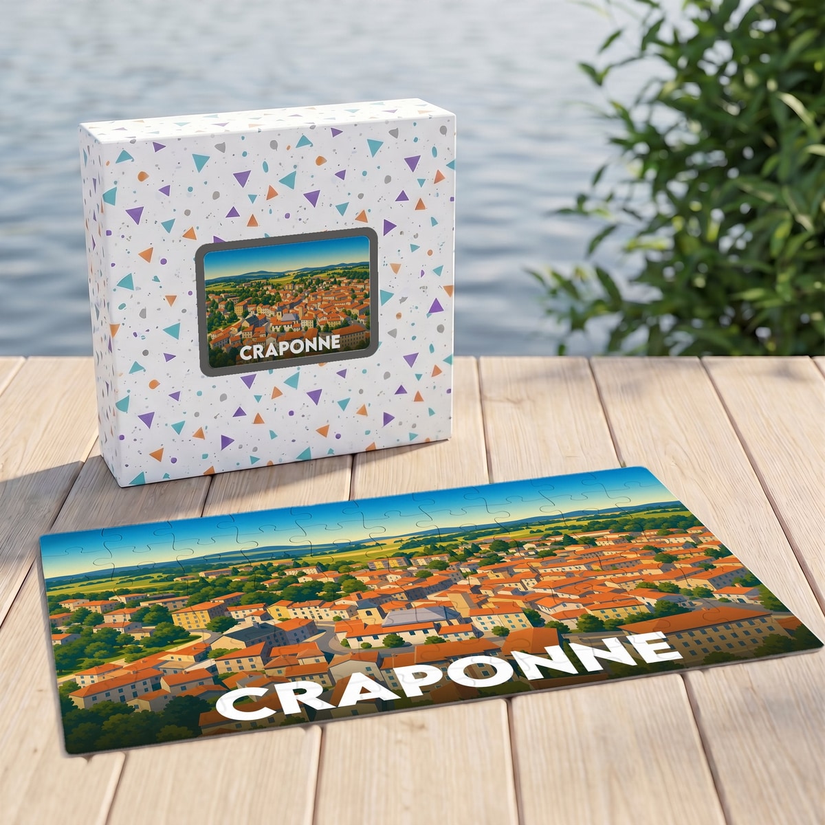Puzzle souvenir de la ville de Craponne avec une illustration colorée représentant un panorama urbain.