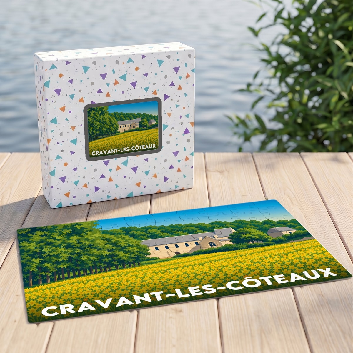 Puzzle souvenir de la ville de Cravant-les-Côteaux représentant un paysage champêtre avec une église et un champ de fleurs jaunes.