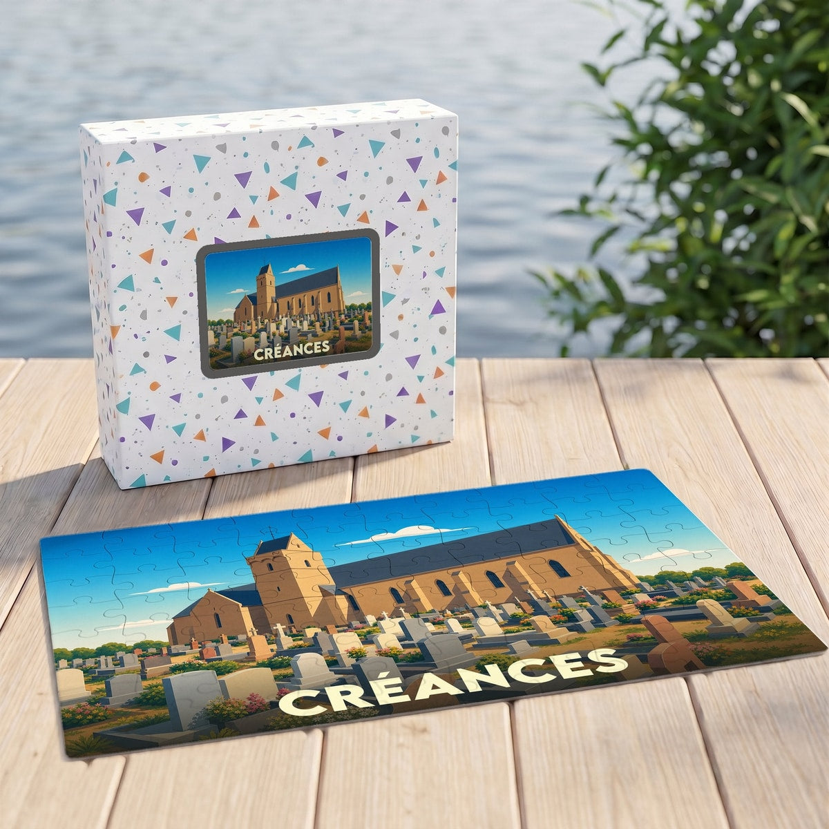 Puzzle souvenir de la ville de Créances représentant son église et son cimetière dans un style illustré.