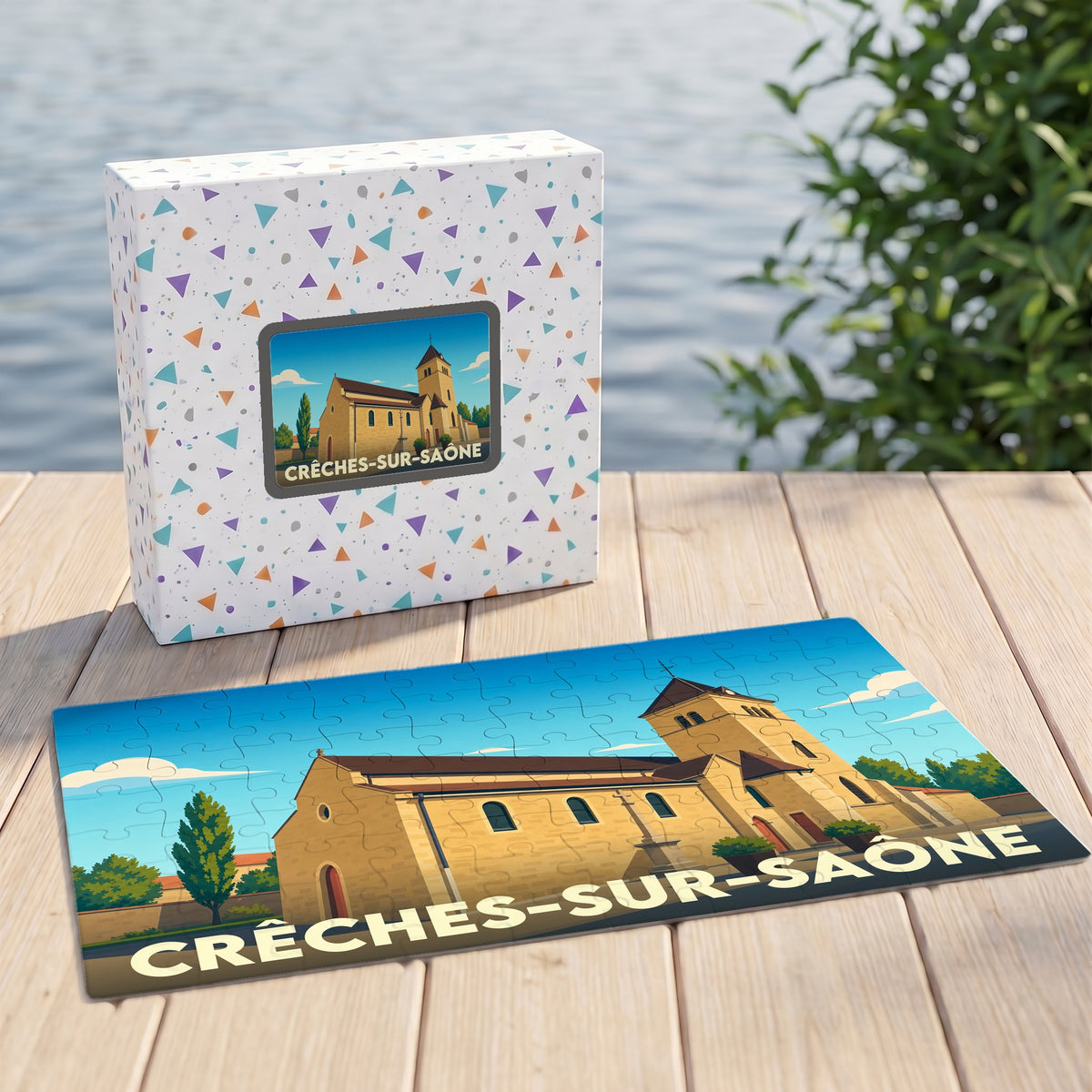 Puzzle souvenir de la ville de Crêches-sur-Saône avec une illustration stylisée d'une église.