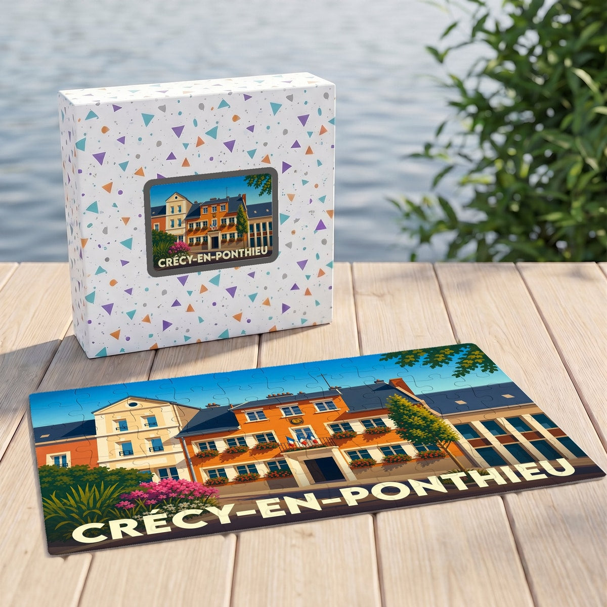 Puzzle souvenir de la ville de Crécy-en-Ponthieu avec une illustration stylisée de son architecture.