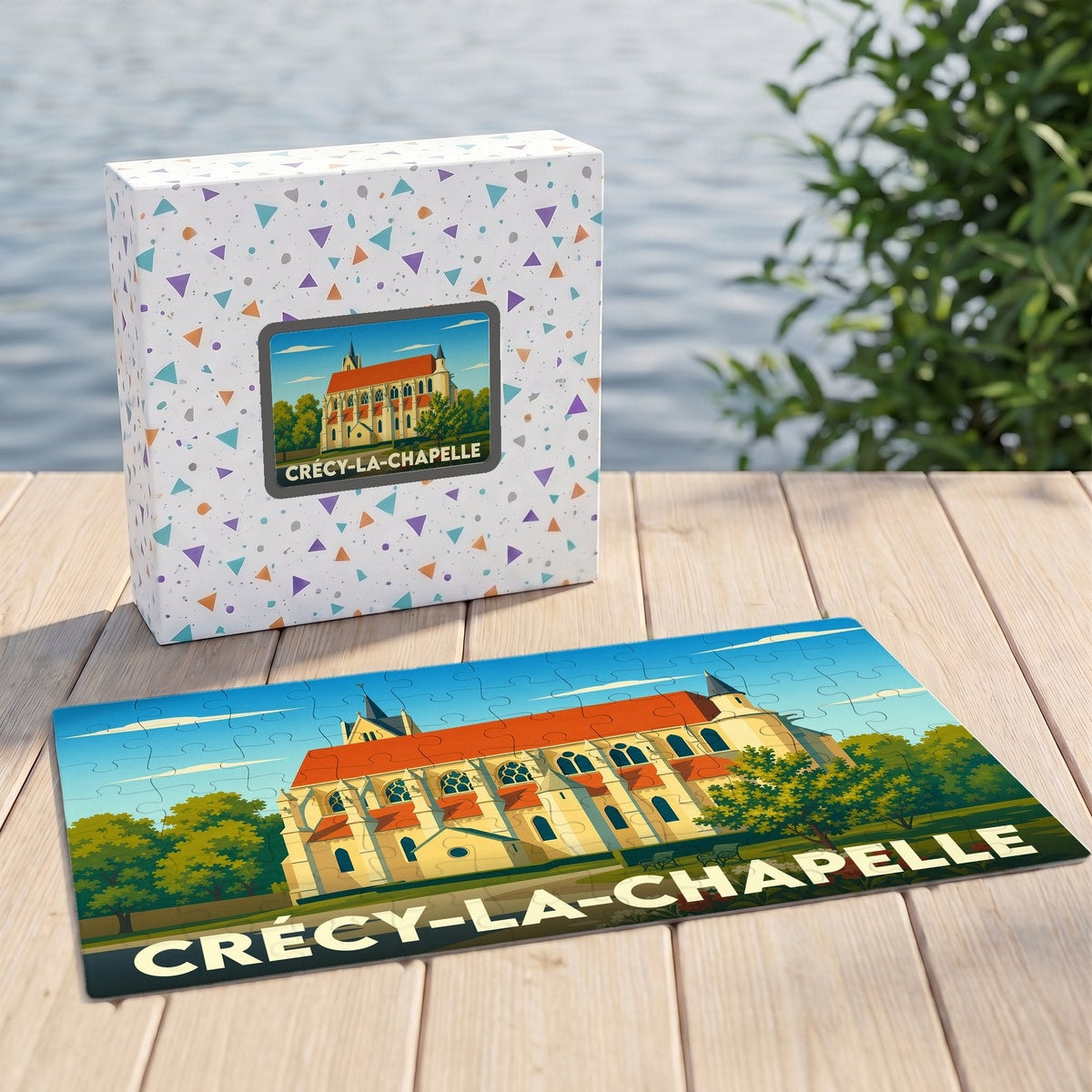 Puzzle souvenir de la ville de Crécy-la-Chapelle avec une illustration stylisée de sa collégiale.