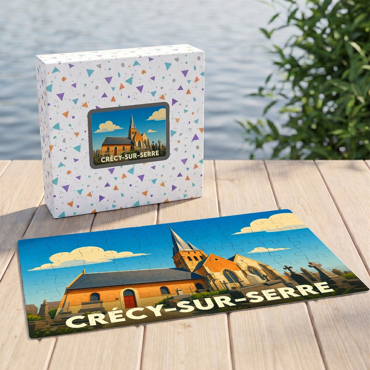Puzzle souvenir de la ville de Crécy-sur-Serre avec une illustration stylisée de son église.