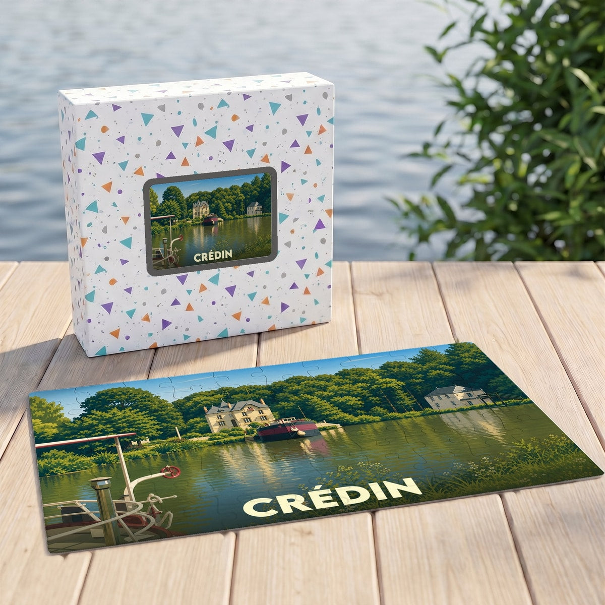 Puzzle souvenir de la ville de Crédin illustré d'un paysage fluvial bucolique.