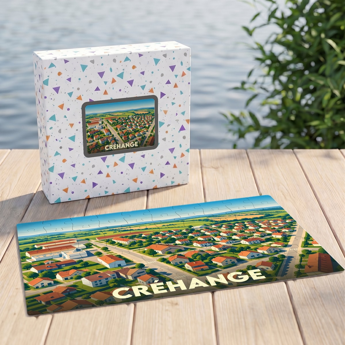 Puzzle souvenir de la ville de Créhange avec une illustration aérienne colorée.