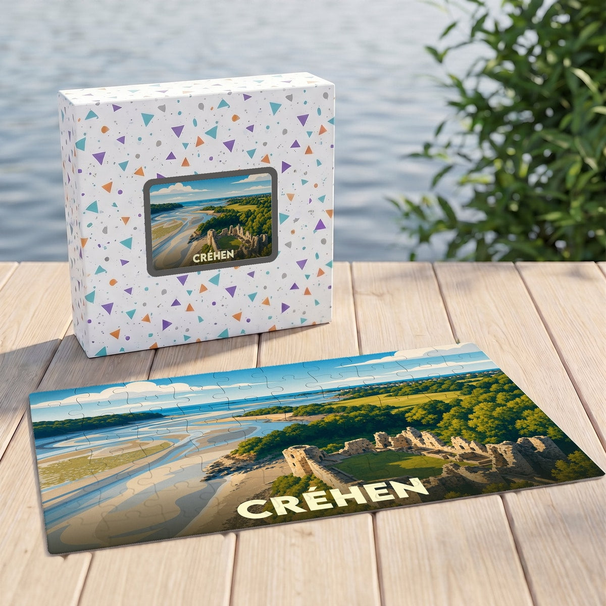 Puzzle souvenir de la ville de Créhen illustré d'un paysage côtier et d'un château médiéval.
