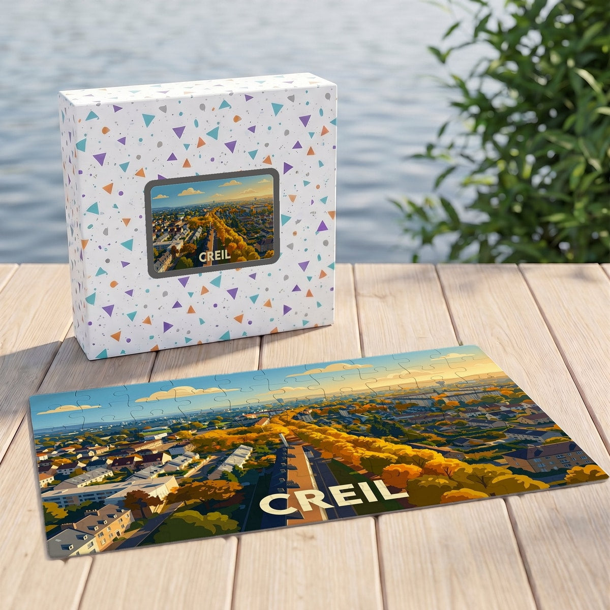 Puzzle souvenir de la ville de Creil avec une illustration automnale stylisée.