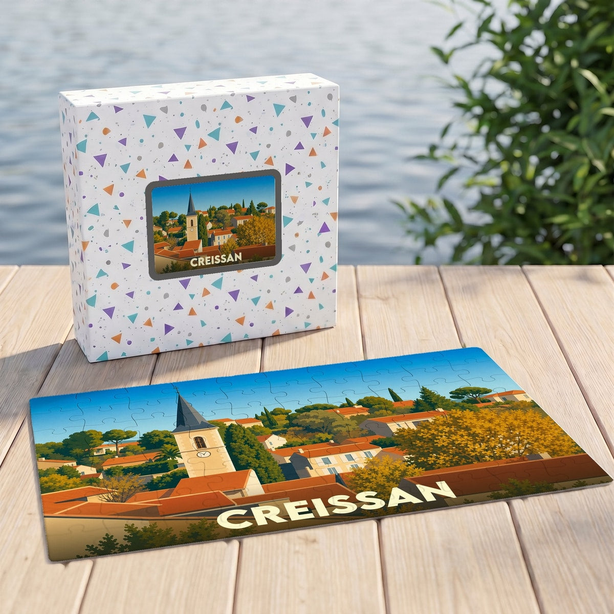 Puzzle souvenir de la ville de Creissan avec une illustration stylisée d'un paysage urbain.