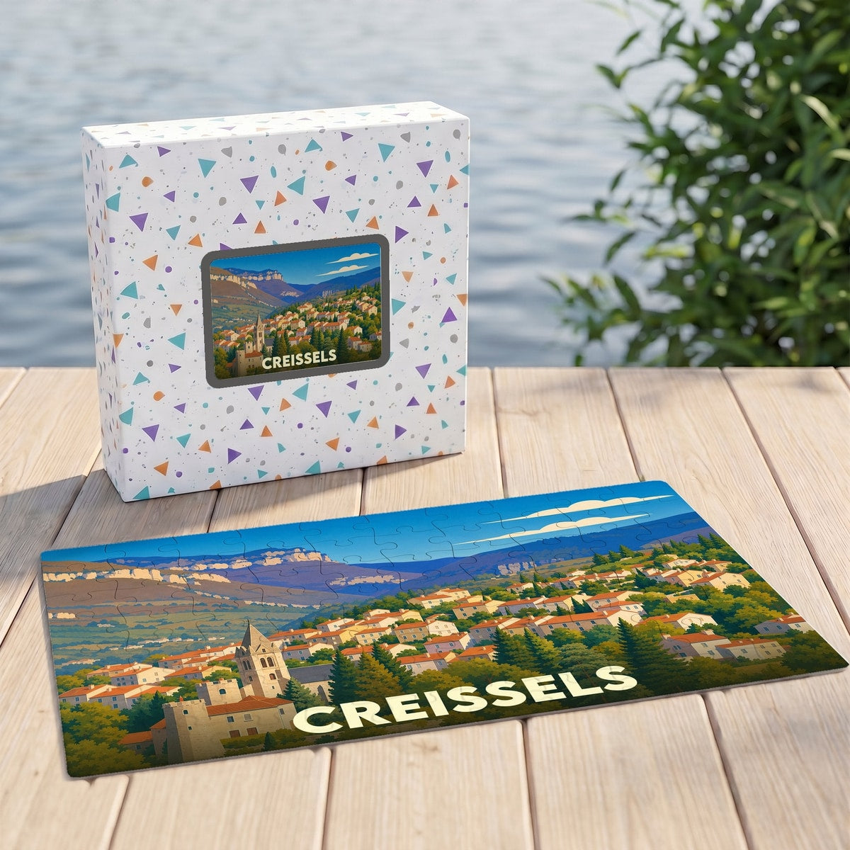 Puzzle souvenir de la ville de Creissels illustrant un paysage panoramique stylisé.