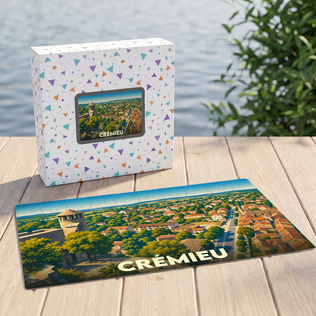 Puzzle souvenir de la ville de Crémieu illustré d'une vue panoramique stylisée.