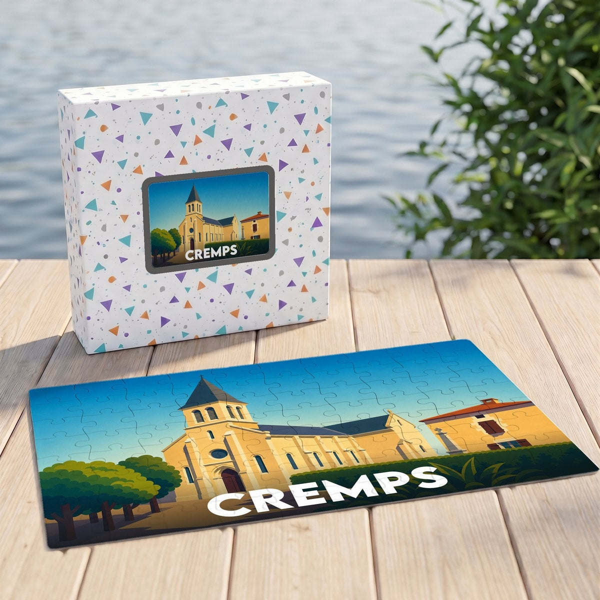 Puzzle souvenir de la ville de Cremps avec une illustration stylisée de son église.