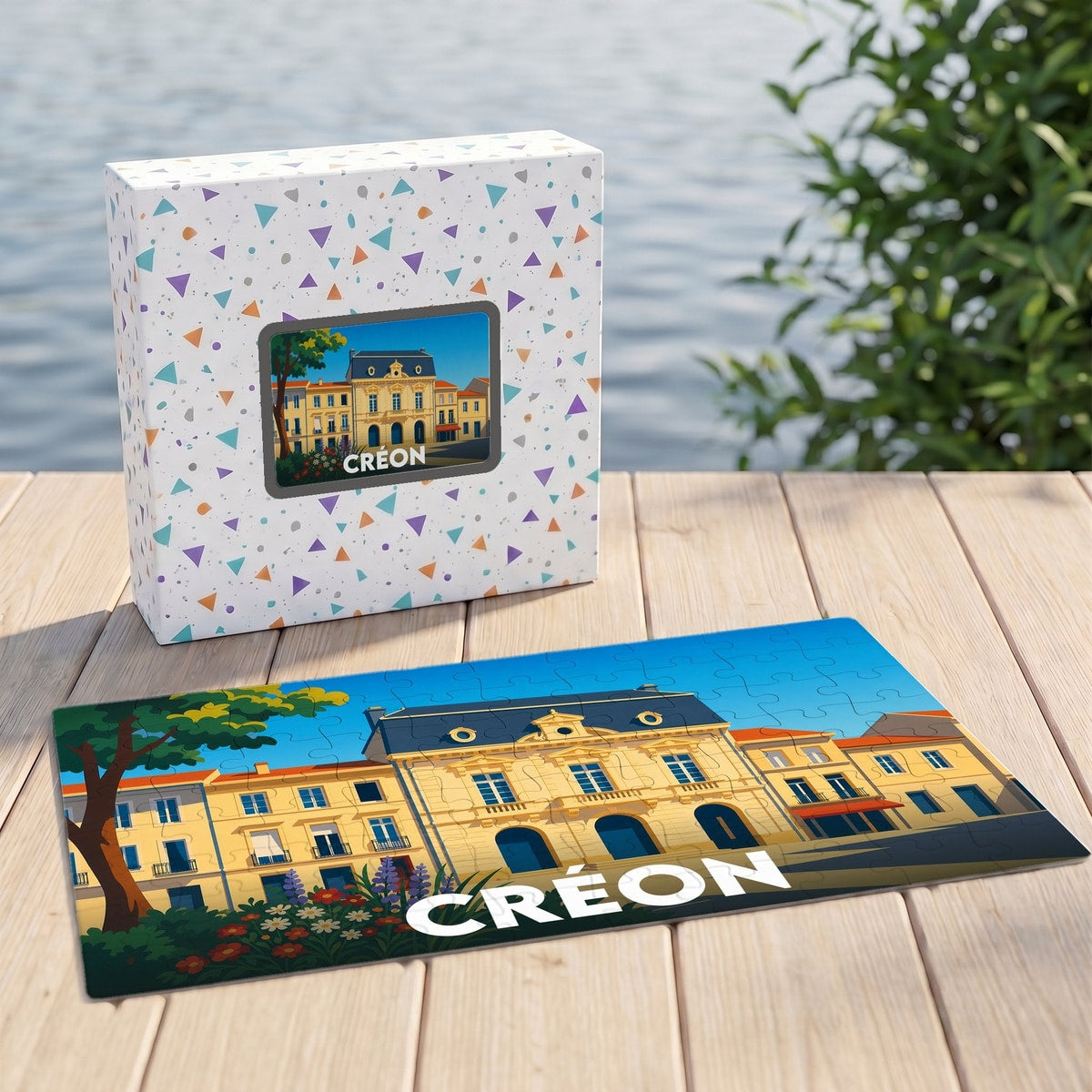 Puzzle souvenir de la ville de Créon avec une illustration stylisée de son architecture.