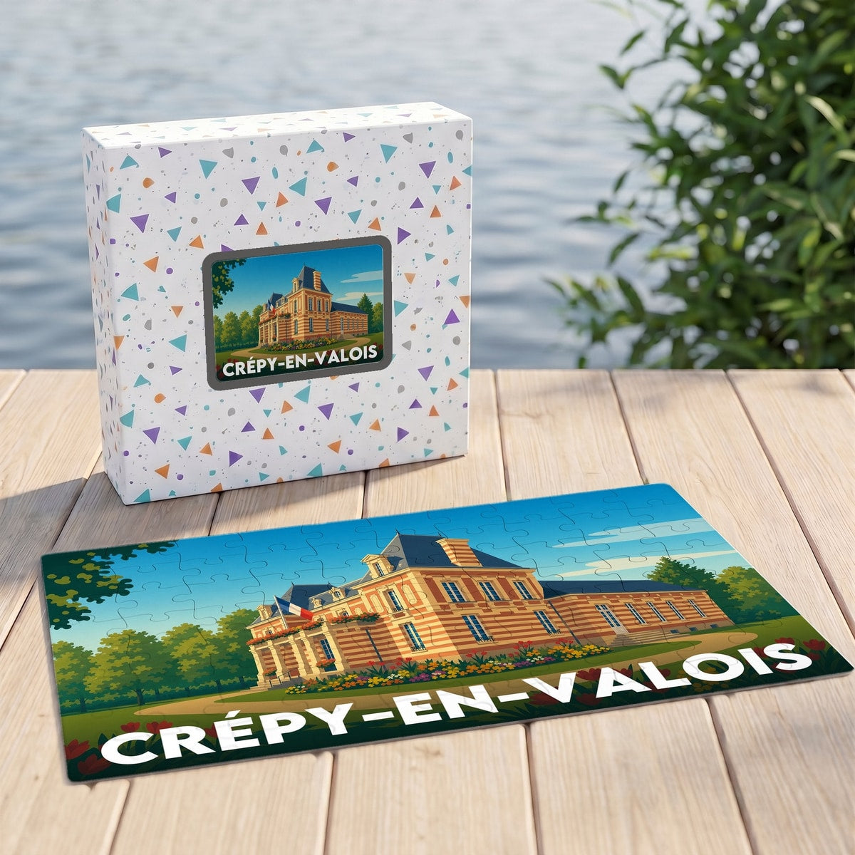 Puzzle souvenir de la ville de Crépy-en-Valois avec une illustration stylisée de son hôtel de ville.