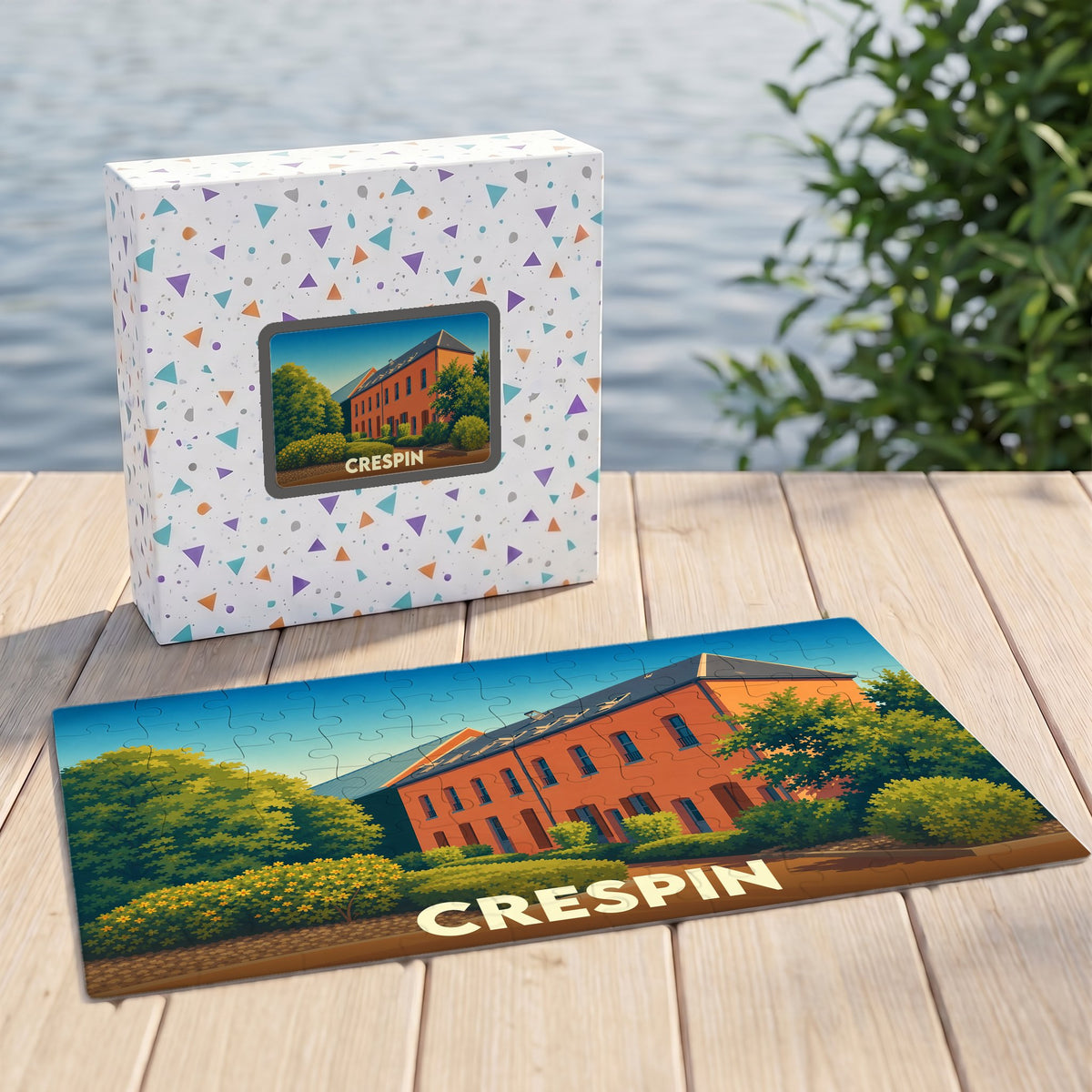 Puzzle souvenir de la ville de Crespin avec une illustration stylisée d'un bâtiment en briques.