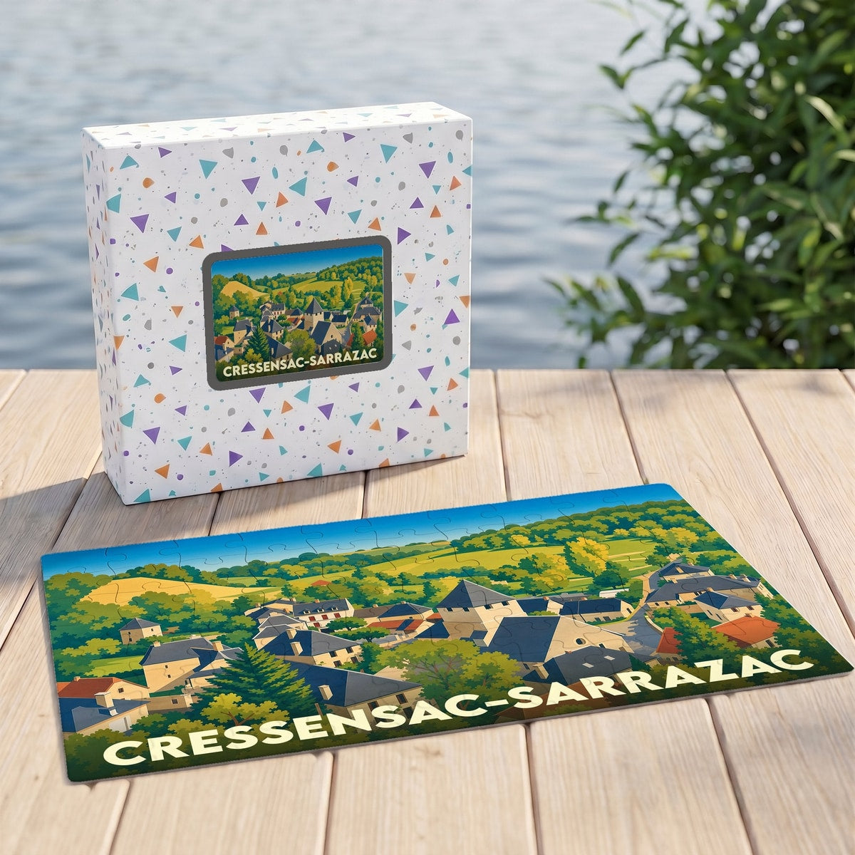 Puzzle souvenir de la ville de Cressensac-Sarrazac avec son coffret assorti illustrant un paysage de campagne stylisé.