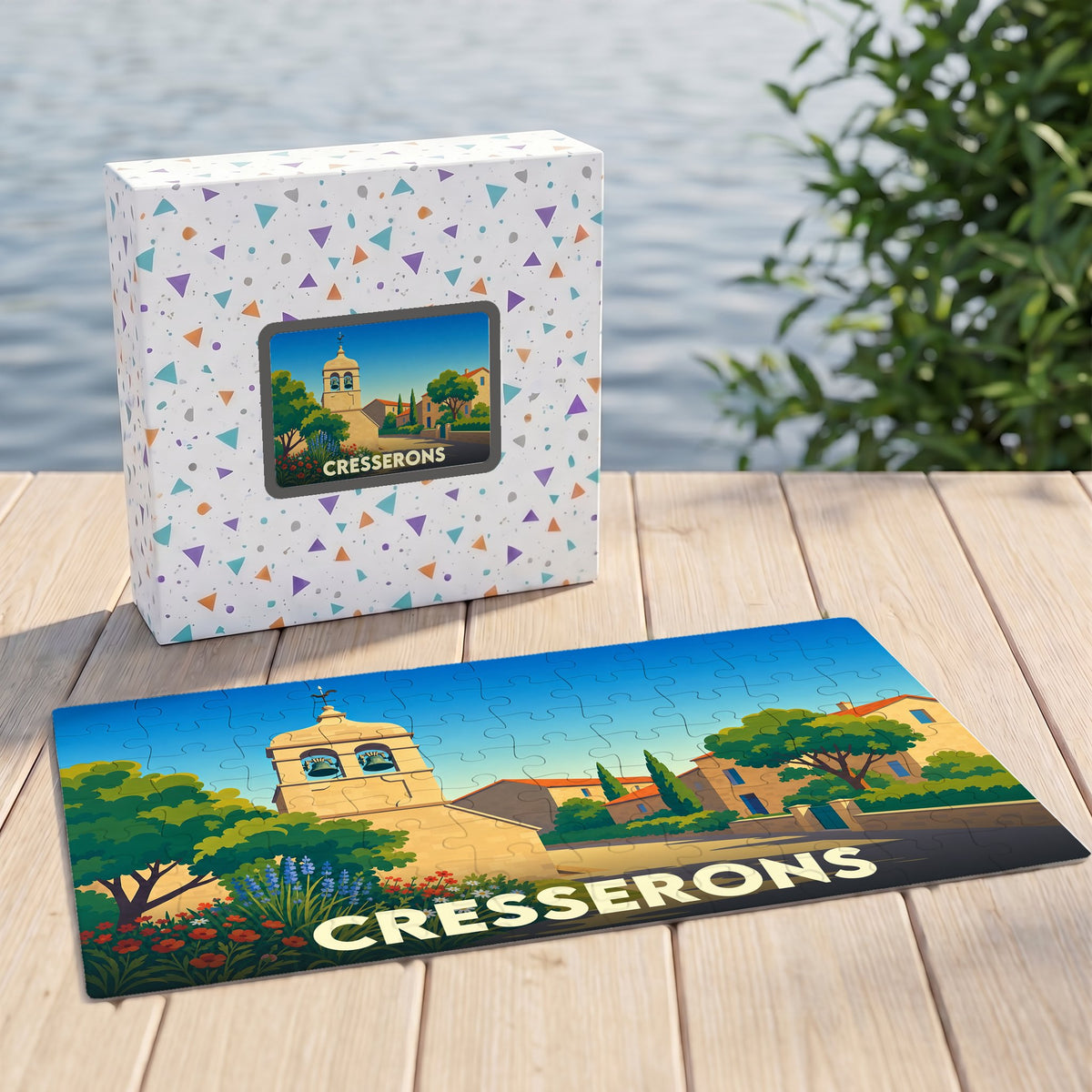 Puzzle souvenir de la ville de Cresserons avec une illustration stylisée d'un clocher et de maisons ensoleillées.