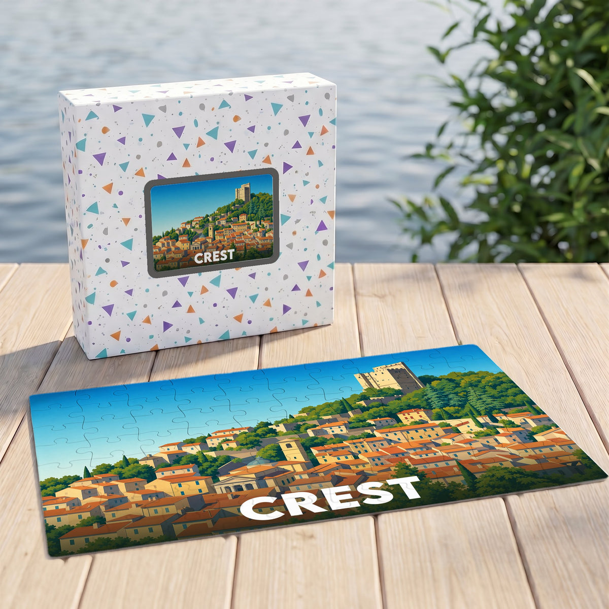 Puzzle souvenir de la ville de Crest avec une illustration stylisée d'un village perché.