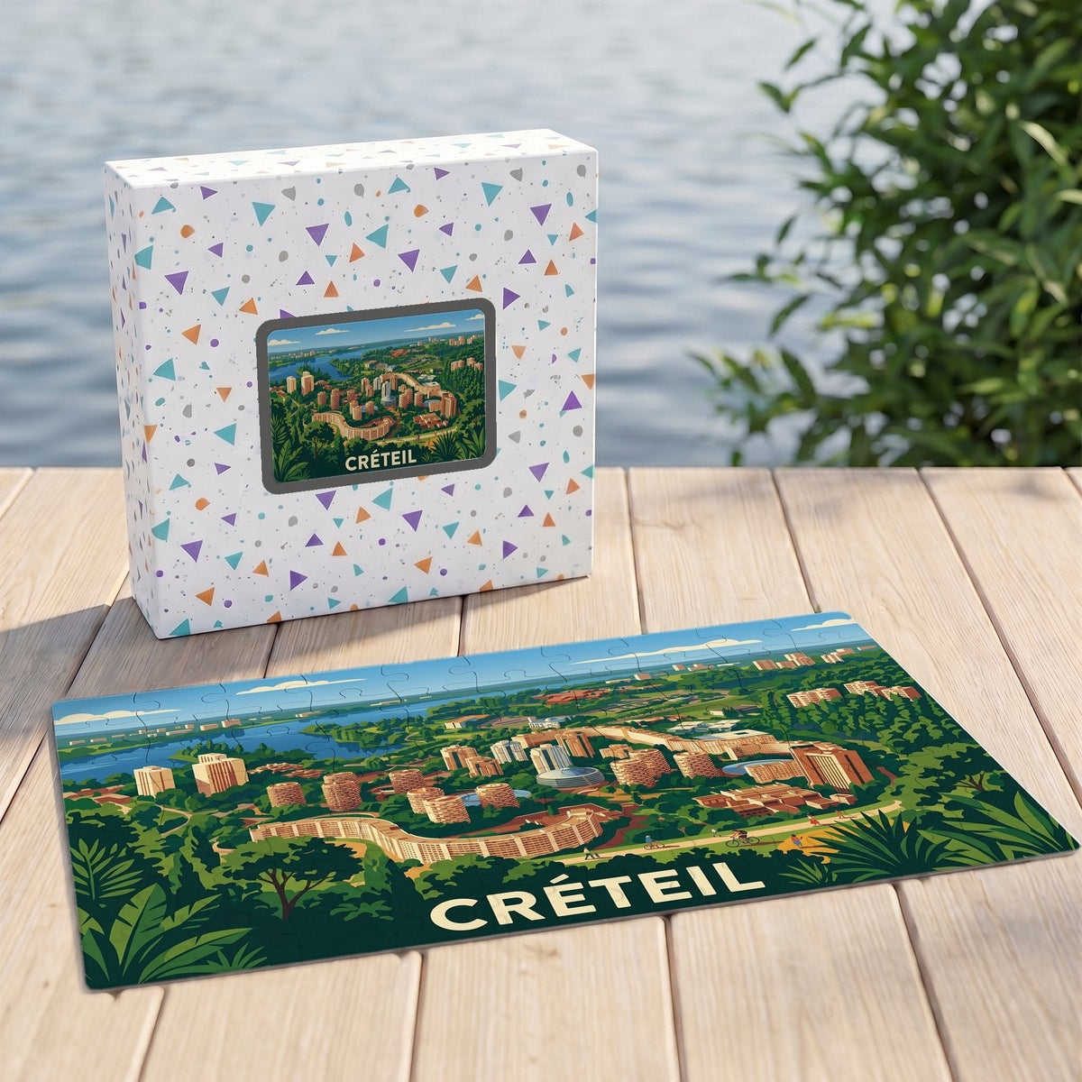 Puzzle souvenir de la ville de Créteil avec une illustration panoramique stylisée.