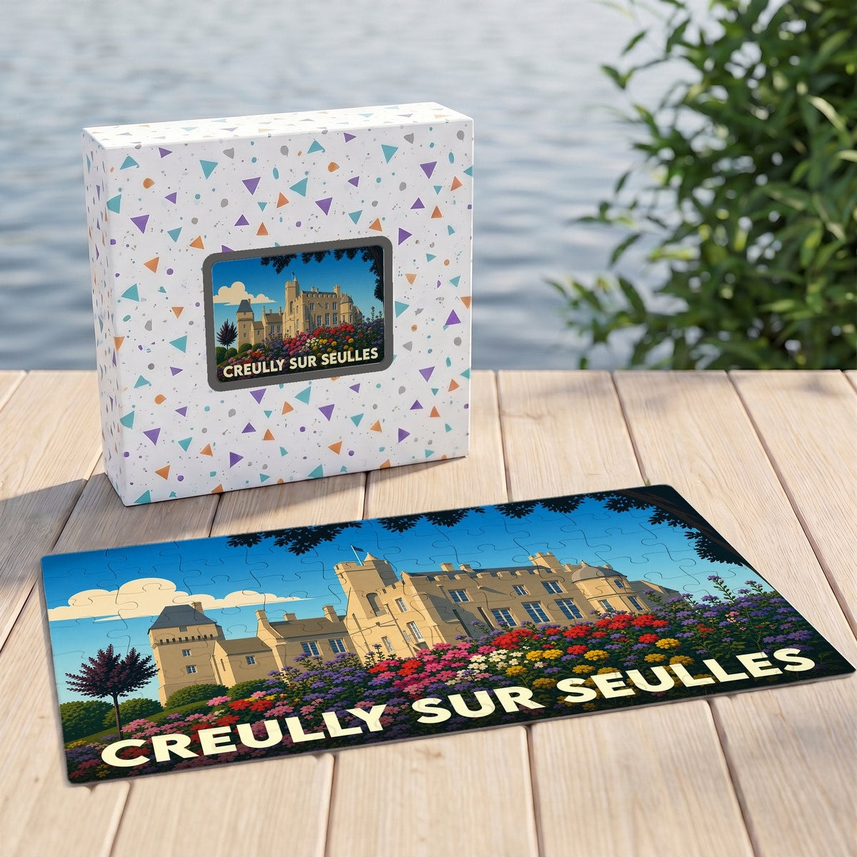 Puzzle souvenir de la ville de Creully sur Seulles représentant son château avec une illustration stylisée.