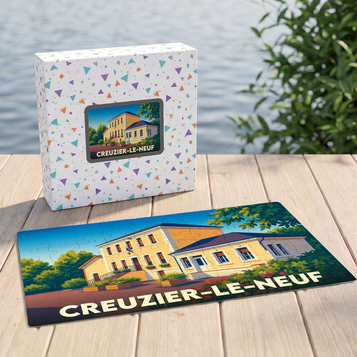 Puzzle souvenir de la ville de Creuzier-le-Neuf présentant une illustration stylisée de sa mairie dans sa boîte assortie.