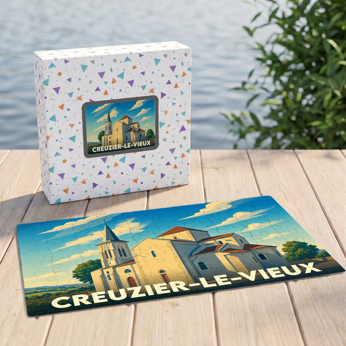 Puzzle souvenir de la ville de Creuzier-le-Vieux avec une illustration stylisée de son église.