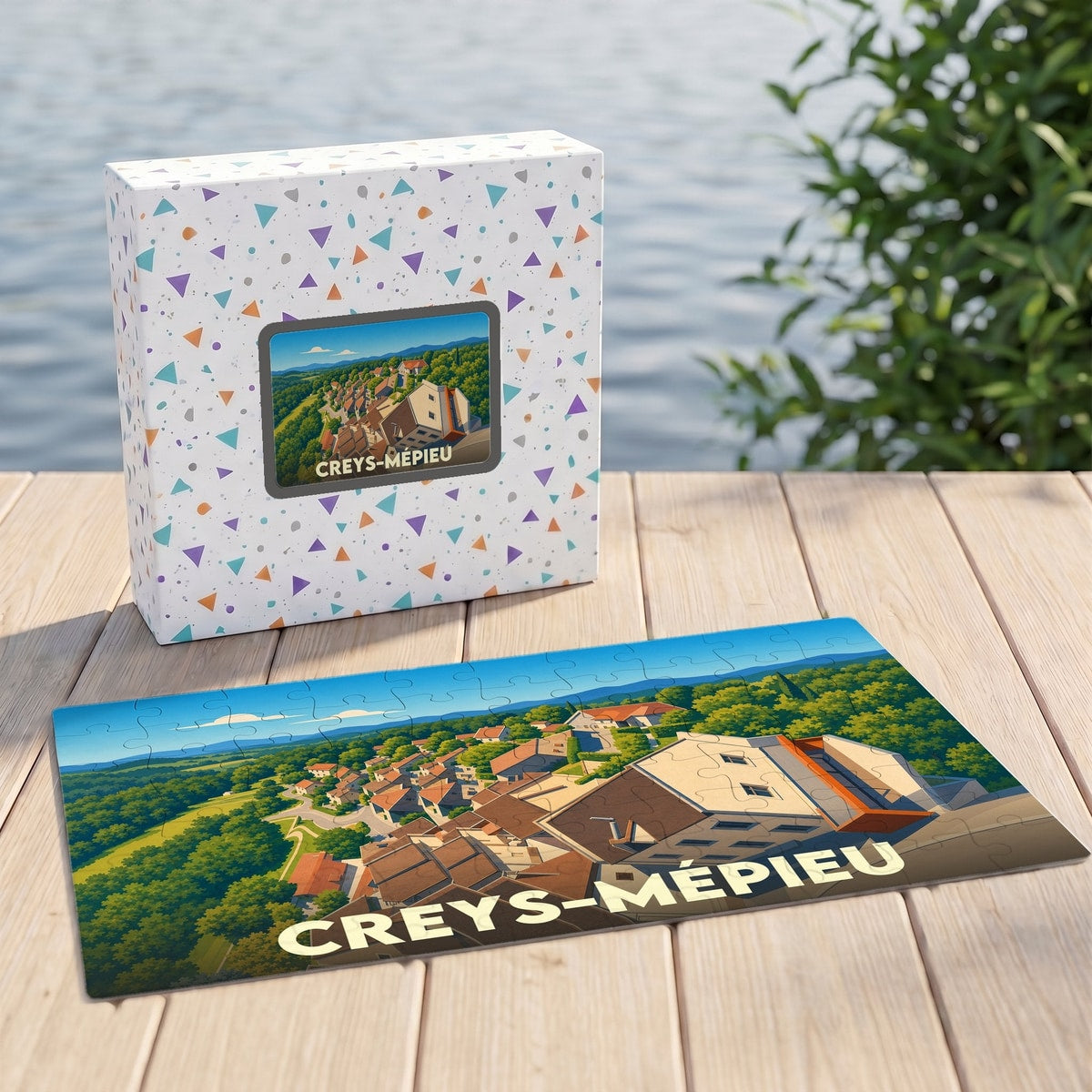 Puzzle souvenir de la ville de Creys-Mépieu avec une illustration stylisée et colorée.