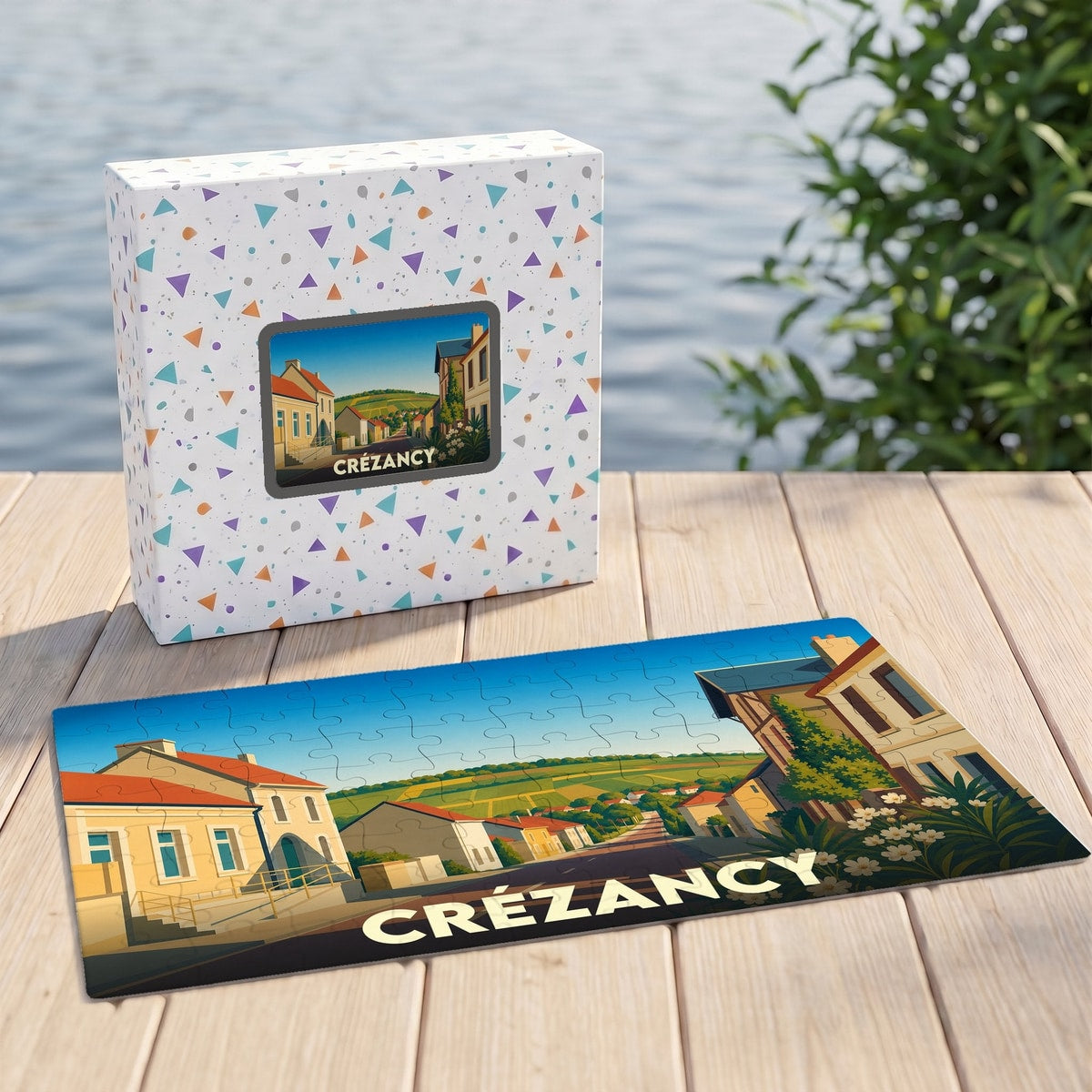 Puzzle souvenir de la ville de Crézancy avec son illustration stylisée et sa boîte assortie.