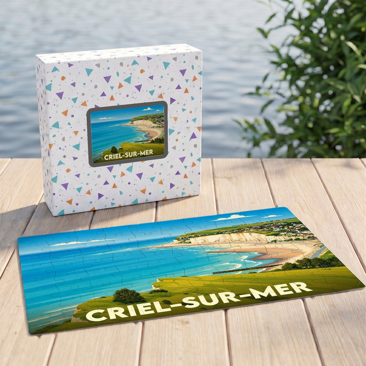 Puzzle souvenir de la ville de Criel-sur-Mer avec une illustration stylisée de son littoral.