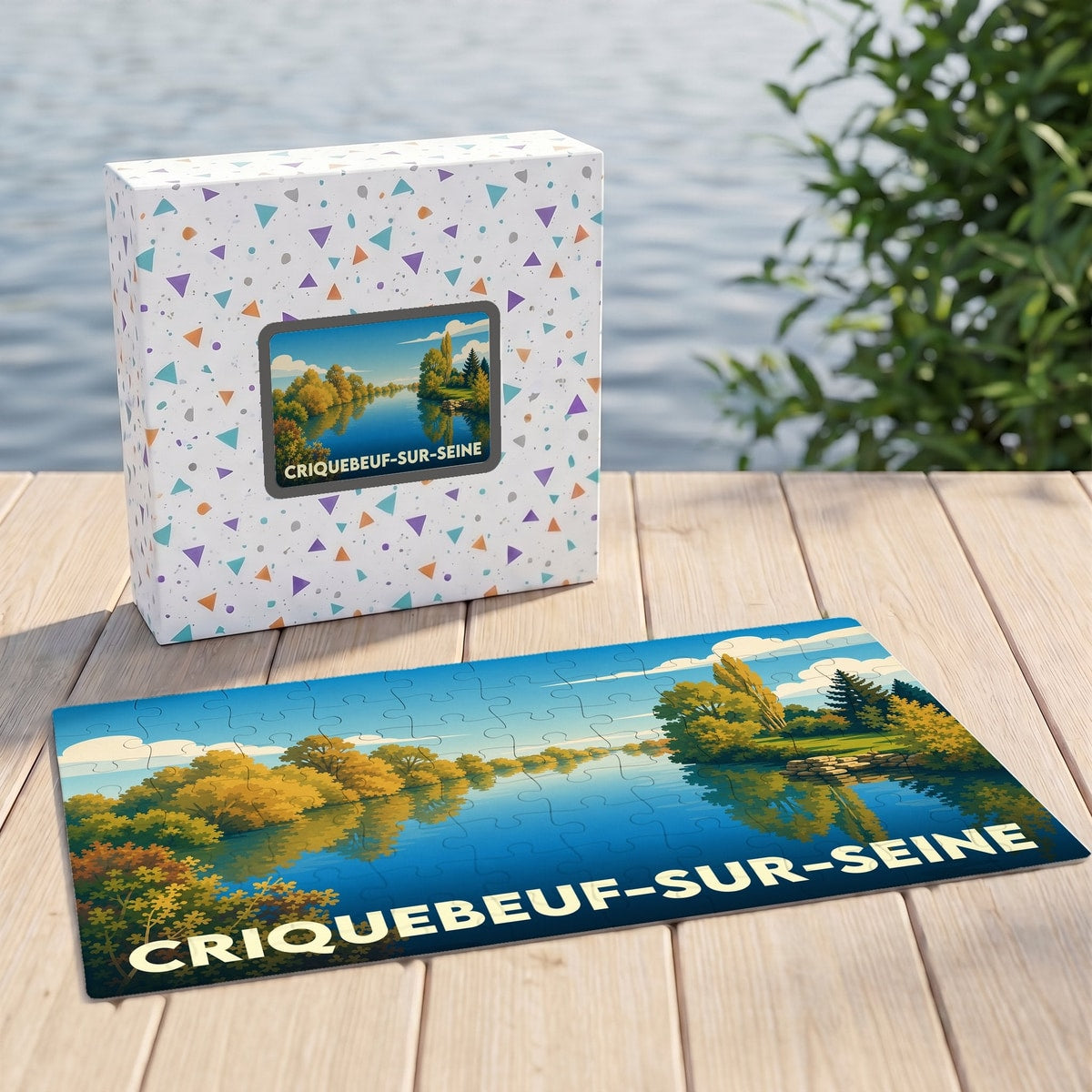 Puzzle souvenir de la ville de Criquebeuf-sur-Seine avec une illustration stylisée d'un paysage fluvial.