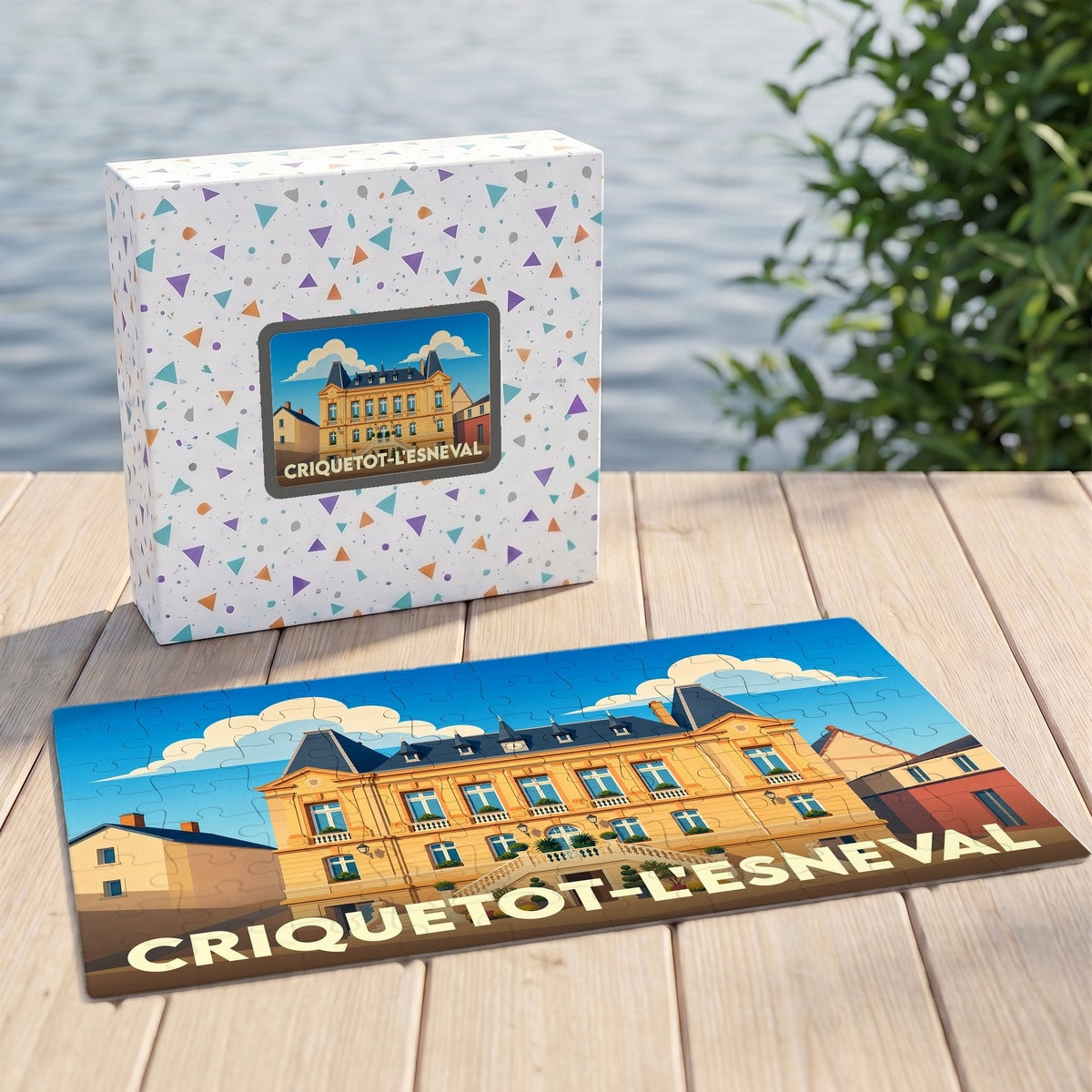 Puzzle souvenir de la ville de Criquetot-l'Esneval avec une illustration stylisée de sa mairie.