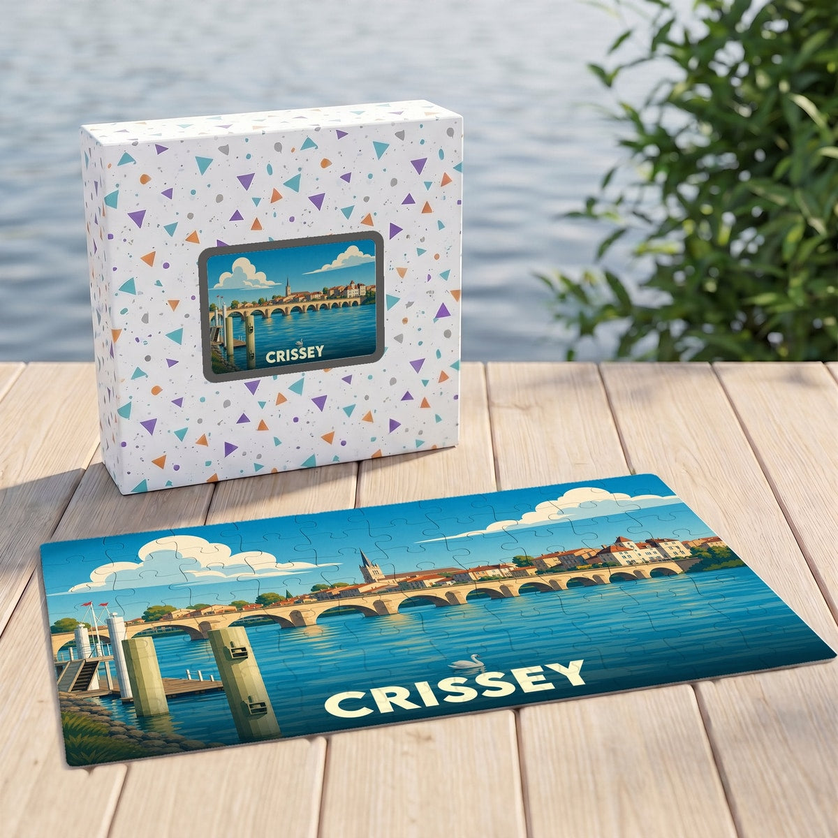 Puzzle souvenir de la ville de Crissey avec une illustration stylisée d'un pont sur l'eau.