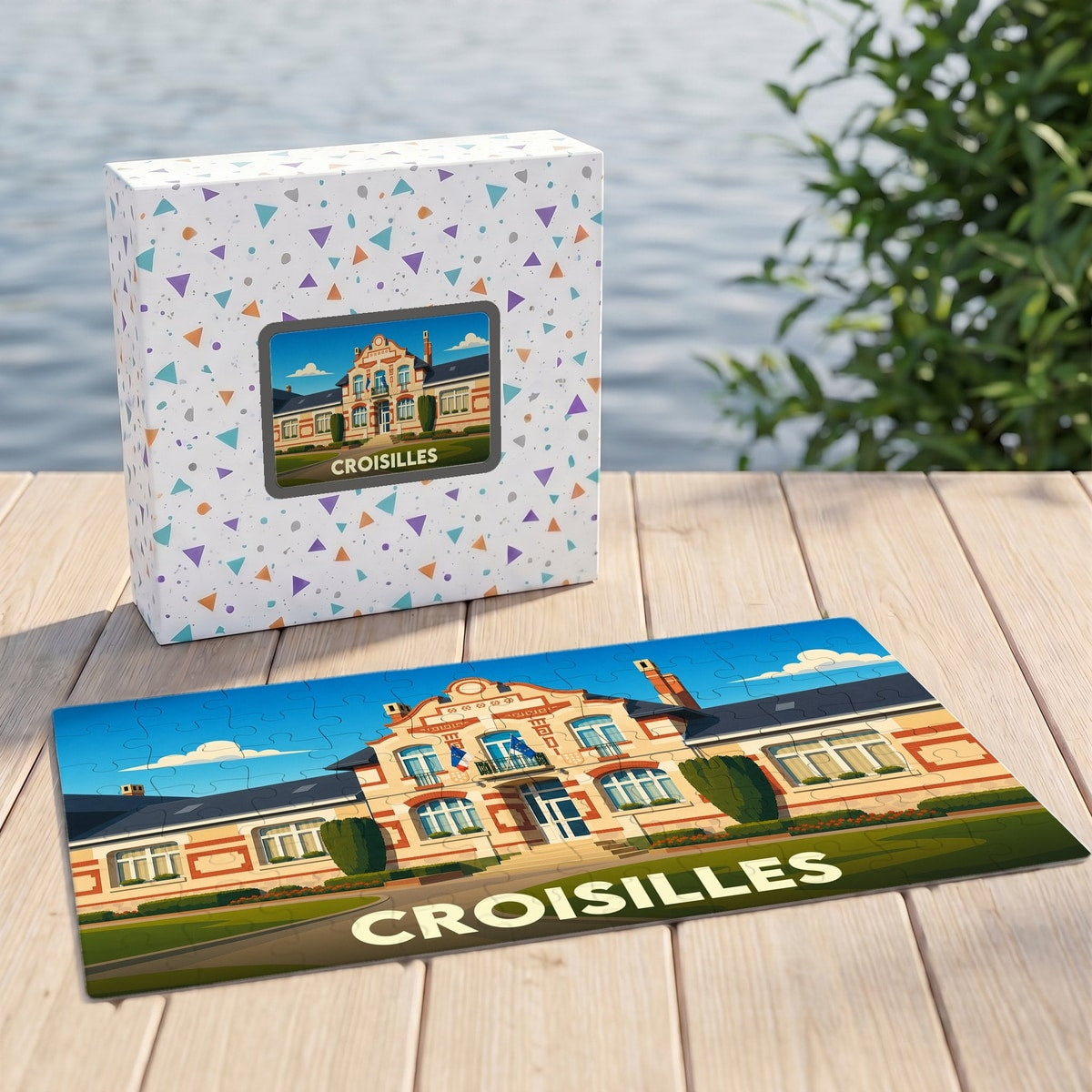 Puzzle souvenir de la ville de Croisilles avec une illustration stylisée de son hôtel de ville.