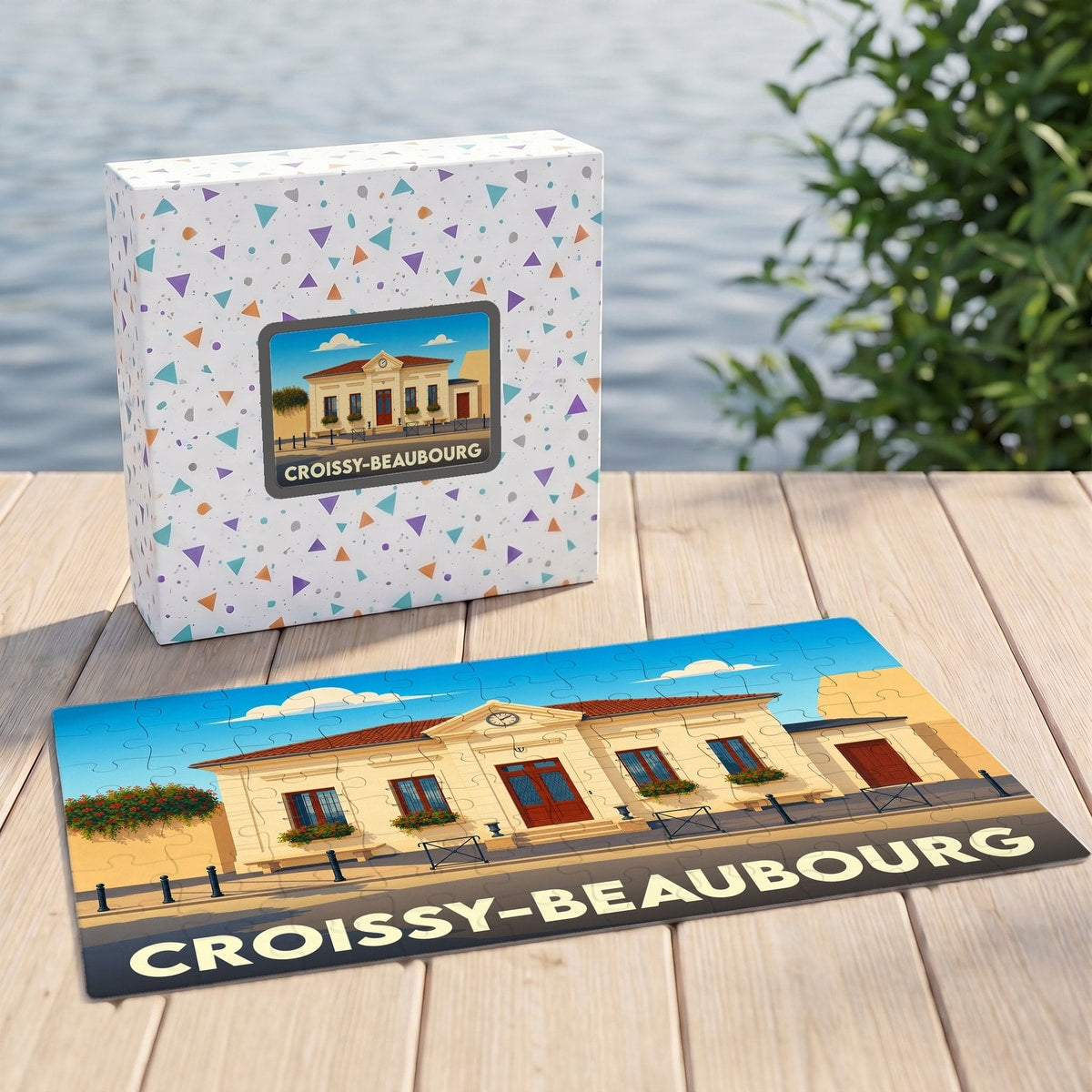 Puzzle souvenir de la ville de Croissy-Beaubourg avec une illustration stylisée de sa mairie.