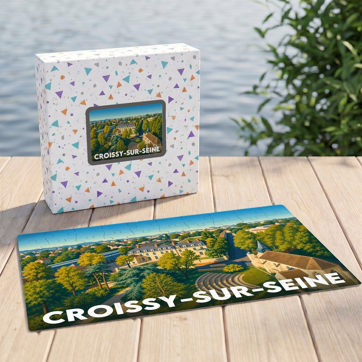 Puzzle souvenir de la ville de Croissy-sur-Seine avec une illustration paysagère colorée.