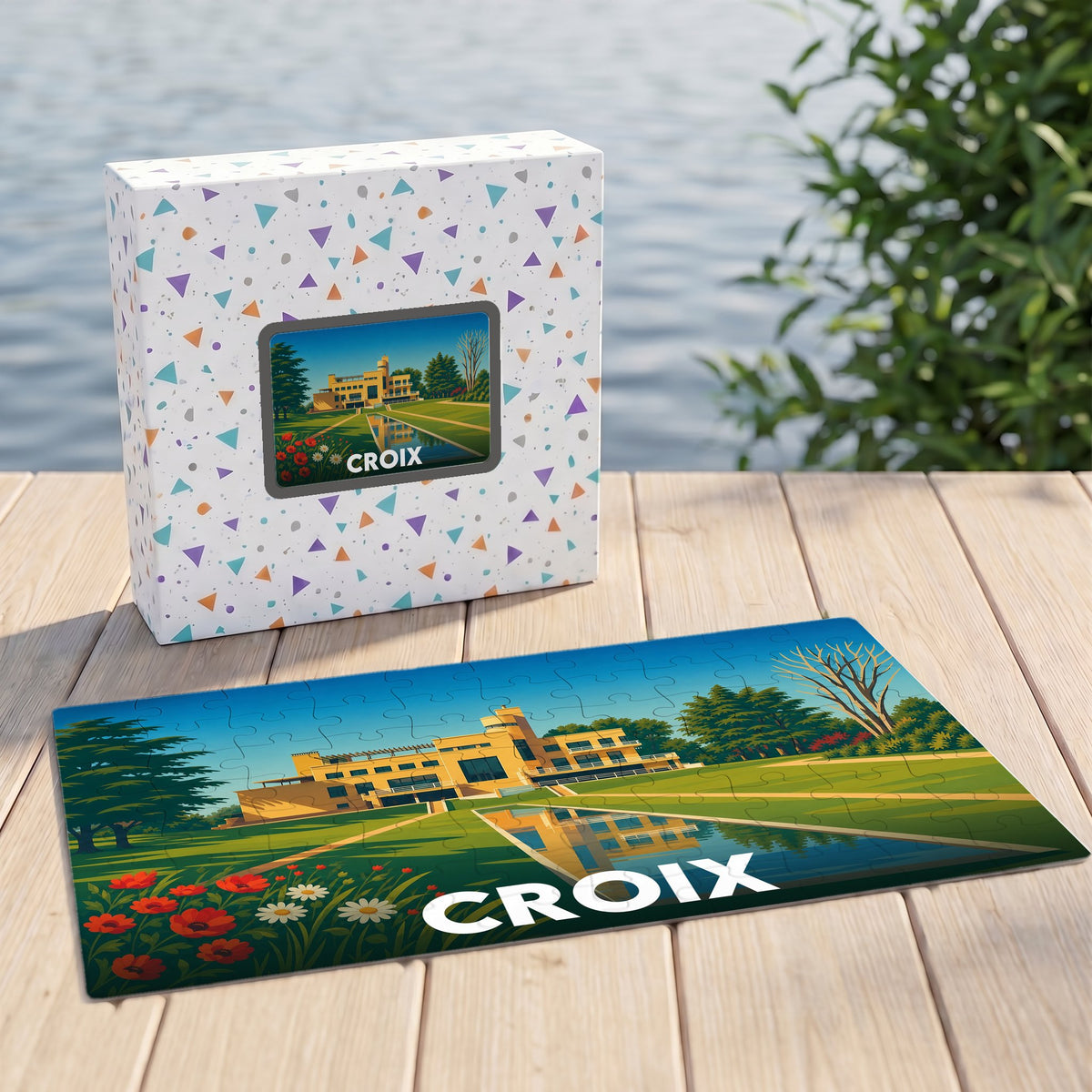 Puzzle souvenir de la ville de Croix avec une illustration stylisée de la Villa Cavrois.