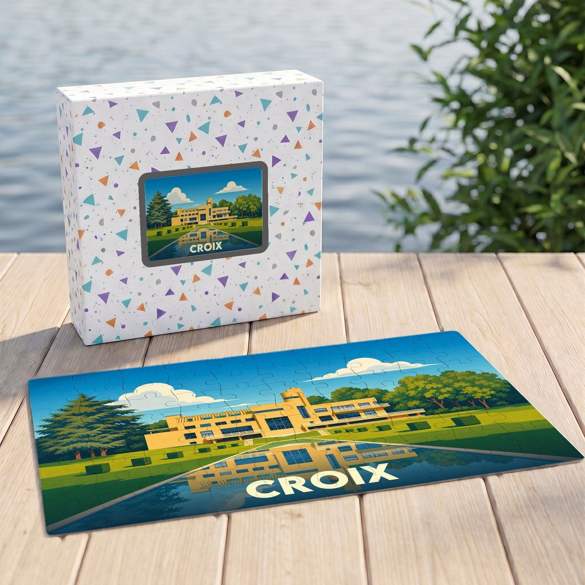 Puzzle souvenir de la ville de Croix avec une illustration stylisée de la Villa Cavrois.