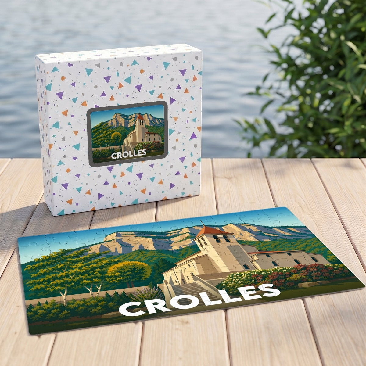 Puzzle souvenir de la ville de Crolles avec une illustration stylisée de son église devant les montagnes.