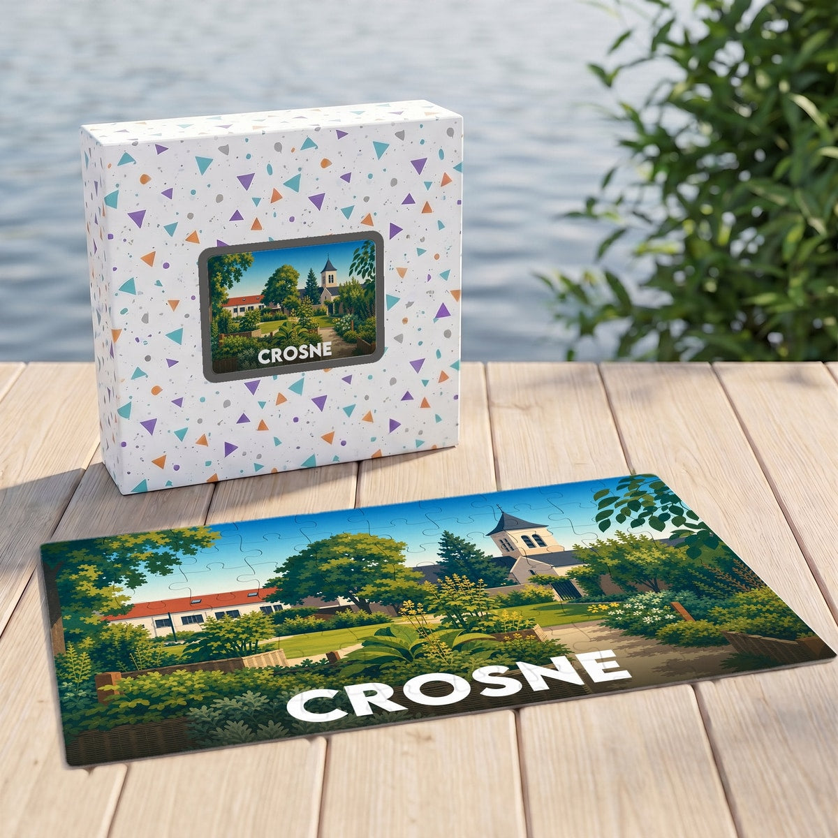 Puzzle souvenir de la ville de Crosne avec une illustration stylisée d'un paysage verdoyant et de son église.