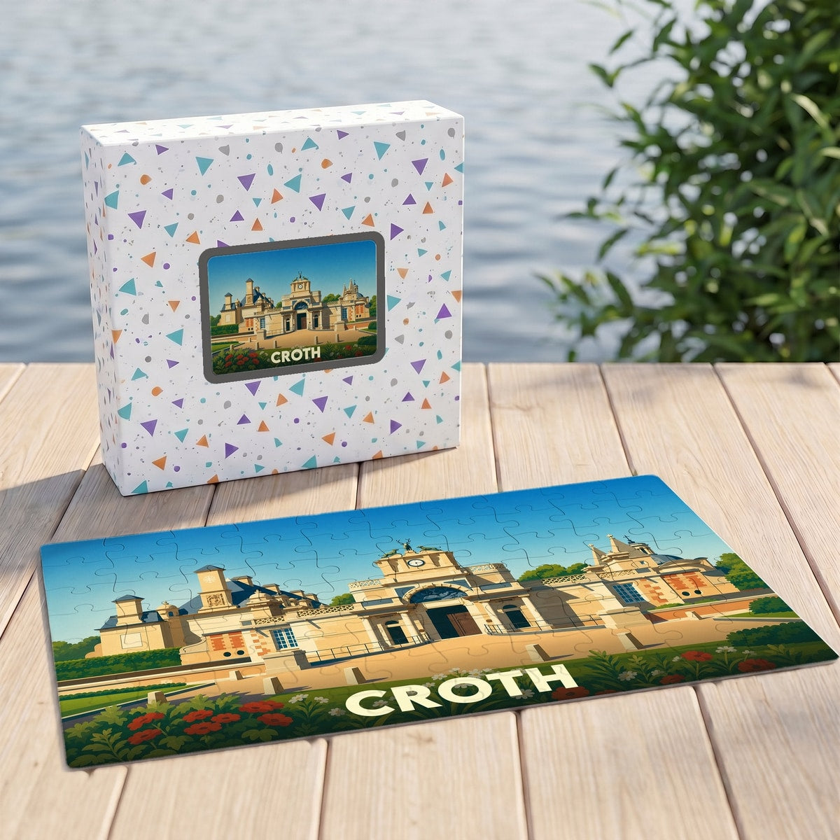 Puzzle souvenir de la ville de Croth avec une illustration stylisée d'un bâtiment historique.
