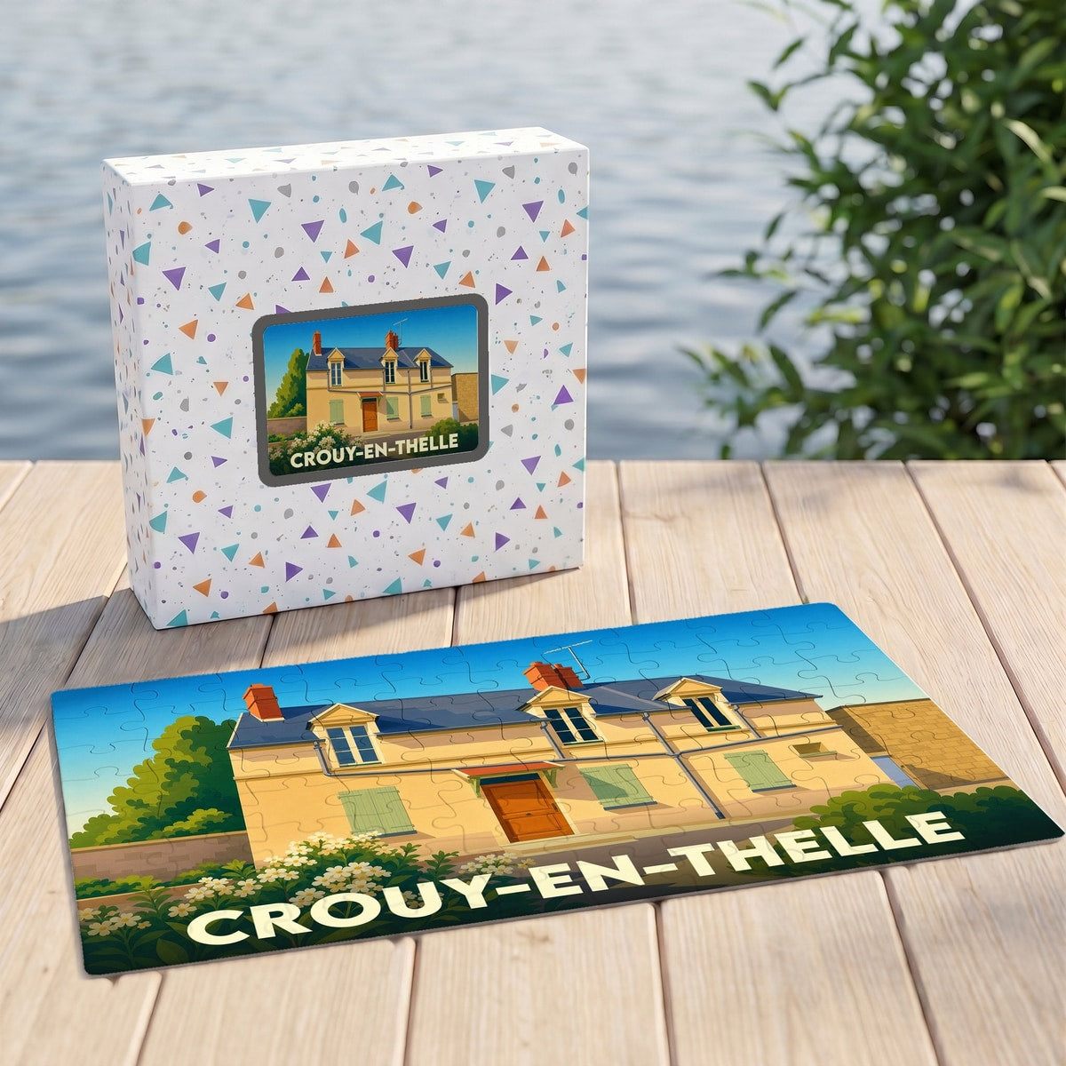 Puzzle souvenir de la ville de Crouy-en-Thelle avec une illustration stylisée d'une maison traditionnelle.