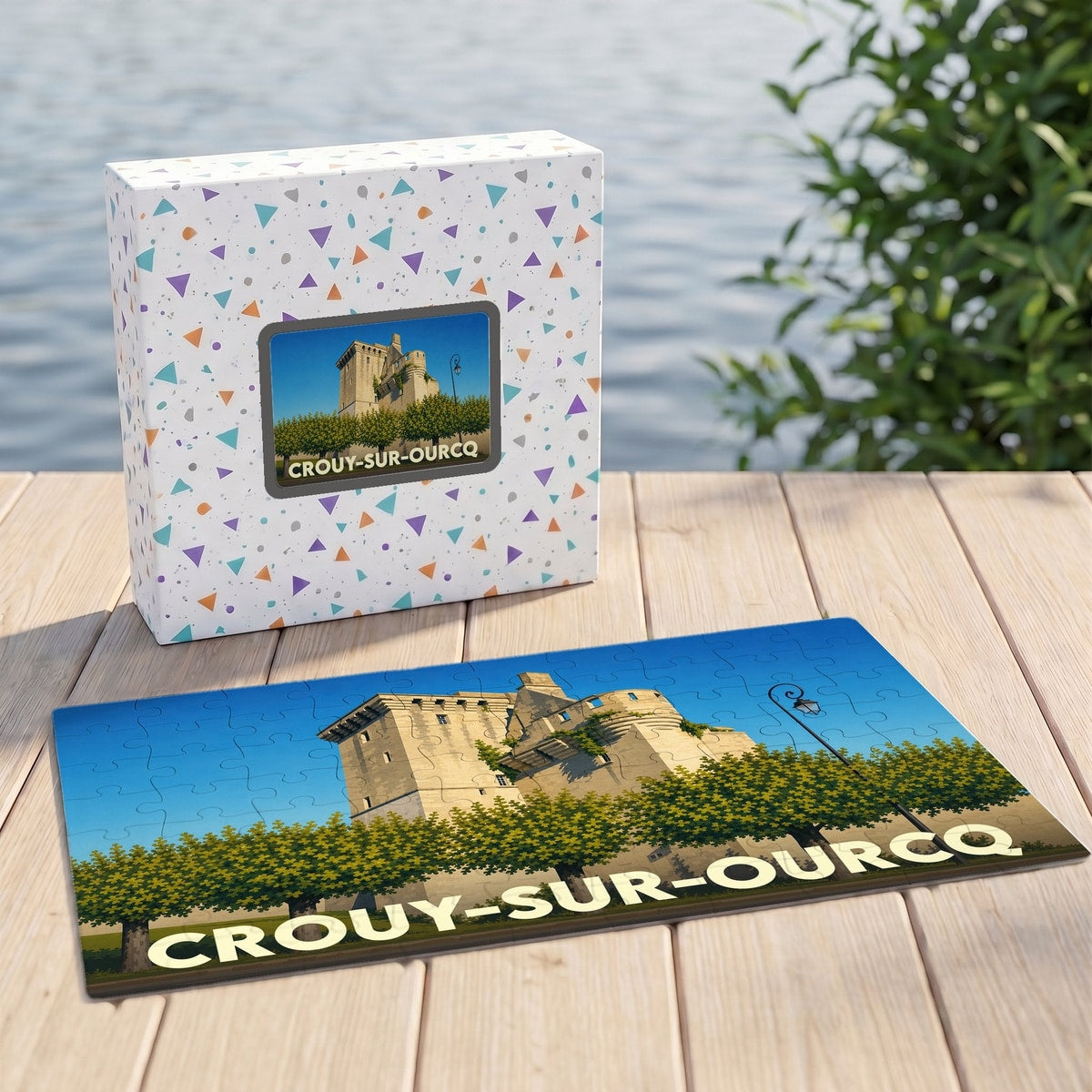 Puzzle souvenir de la ville de Crouy-sur-Ourcq avec une illustration stylisée de son château.